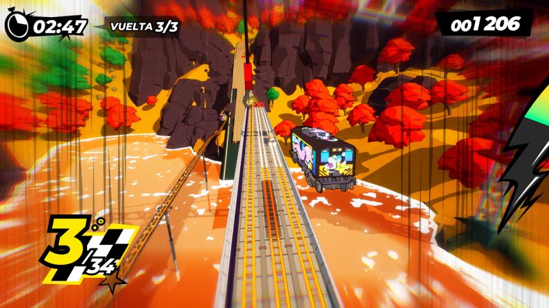 Paisaje otoñal inspirando los niveles de Denshattack! Toma aérea de un tren cruzando un gran puente sobre un río rodeado de árboles con follaje otoñal rojo y naranja en Japón.