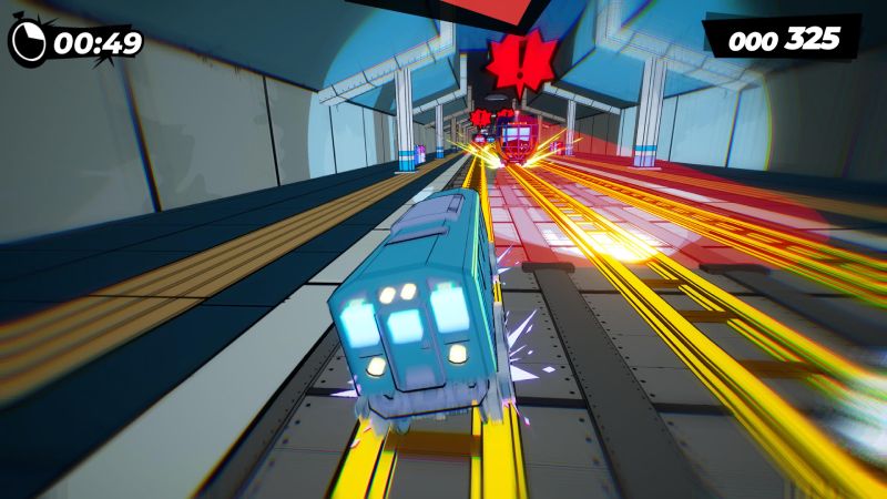 Nivel subterráneo y esquive de obstáculos en Denshattack! Perspectiva trasera de un tren azul avanzando a toda velocidad dentro de una estación de metro subterránea esquivando otros trenes que vienen en sentido contrario.