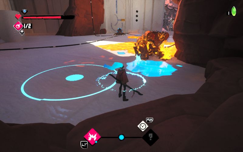 Escena de combate donde One se prepara para enfrentar a un enemigo rodeado de fuego y zonas de agua marcadas en el suelo de piedra.