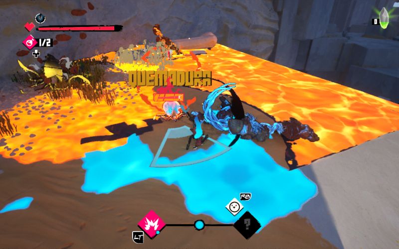 One luchando contra criaturas sobre una zona cubierta de lava brillante con la palabra Quemadura sobre uno de los adversarios atacados.