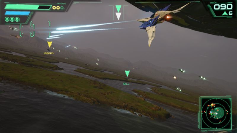 Arwing sobrevolando un paisaje con ríos y montañas durante un combate aéreo.