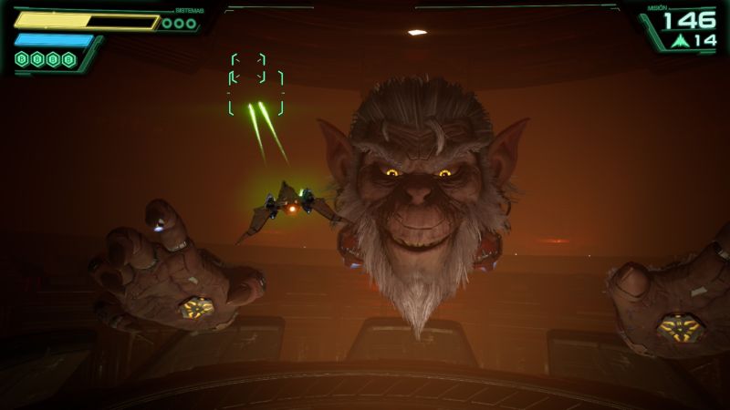 Nave enfrentando un rostro mecánico gigantesco con manos robóticas.