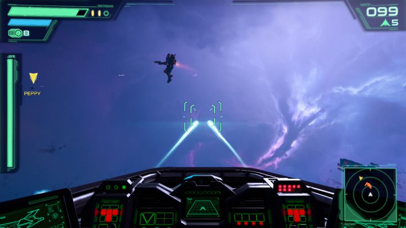 Vista desde la cabina de una nave disparando hacia un objetivo en el espacio.