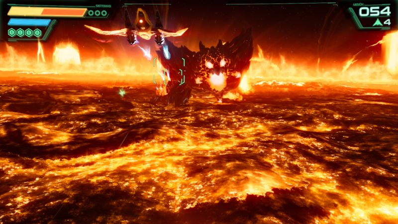 Nave enfrentando criatura rocosa en entorno de lava.