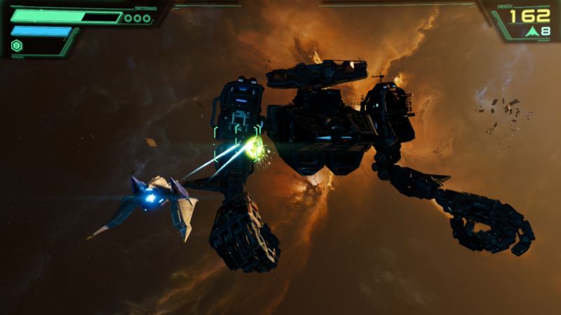 Nave disparando rayos verdes hacia una estructura armada en el espacio.