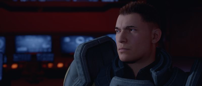 Plano medio cinematográfico en el puente de mando de una nave espacial enfocado en el comandante Aster, luciendo una armadura metálica con hombreras voluminosas.