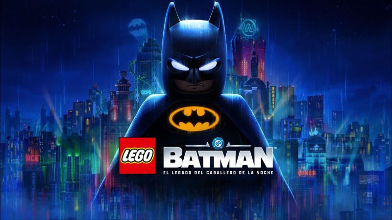Figura de LEGO Batman frente a una versión estilizada de Ciudad Gótica iluminada por luces nocturnas y el batiseñal.