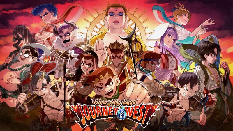 Ilustración con personajes en estilo anime realizando poses de acción frente a un fondo de tonos cálidos.