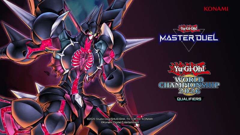 Yu-Gi-Oh! Master Duel – Road to Worlds Ilustración promocional con un personaje oscuro y elementos visuales asociados a un torneo mundial de duelos.