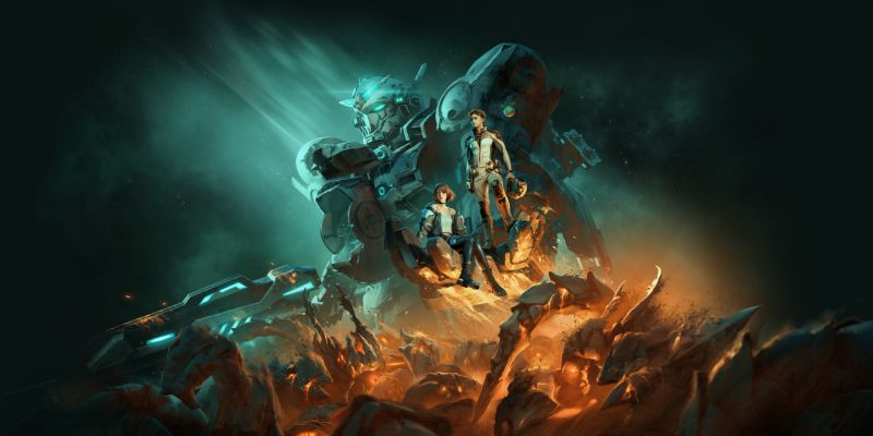 Escena de ciencia ficción con un mecha de gran tamaño iluminado en tonos azules detrás de dos pilotos humanos, rodeados de un entorno caótico con estructuras incandescentes.