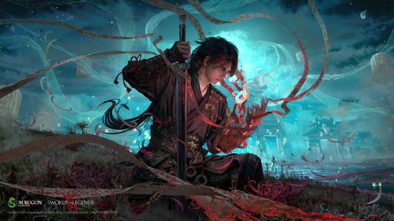 Swords of Legends – Arte oficial Figura arrodillada sostiene una espada envuelta en energía roja, rodeada de un paisaje místico iluminado por tonos azules y rojos.