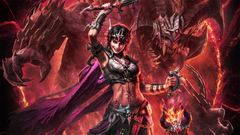 Diablo Immortal – Conjurador Guerrero de fantasía sostiene armas envueltas en energía mientras una criatura demoníaca se alza detrás entre fuego y sombras.