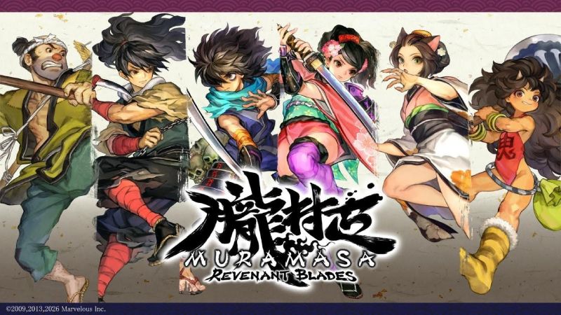 Muramasa: Revenant Blades – Arte promocional Ilustración con seis personajes en poses dinámicas y estética japonesa de fantasía.