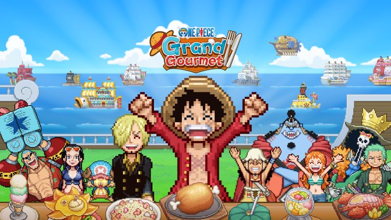 Personajes en estilo pixelado celebran alrededor de una mesa repleta de comida en un entorno marítimo colorido.
