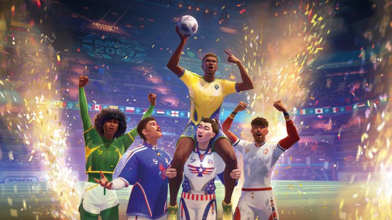 Jugadores celebrando un triunfo futbolístico en un estadio lleno de público y banderas internacionales.