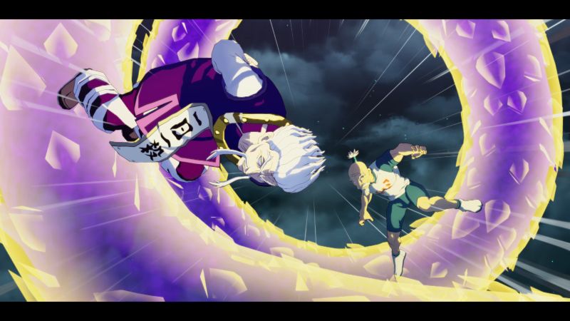 Dos personajes combaten mientras una onda de energía serpenteante impacta en el escenario.