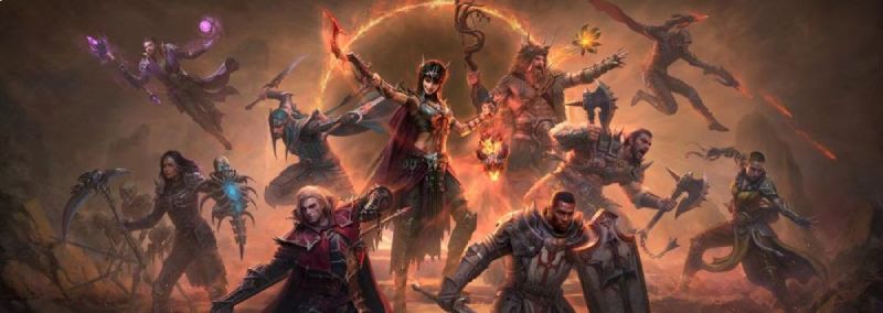 Diablo Immortal Conjurador Ilustración de un grupo de personajes en formación de combate, rodeados de efectos mágicos y un ambiente de batalla.