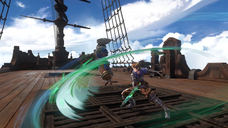 Escena de combate en un barco con personajes realizando ataques de energía en un videojuego de acción.