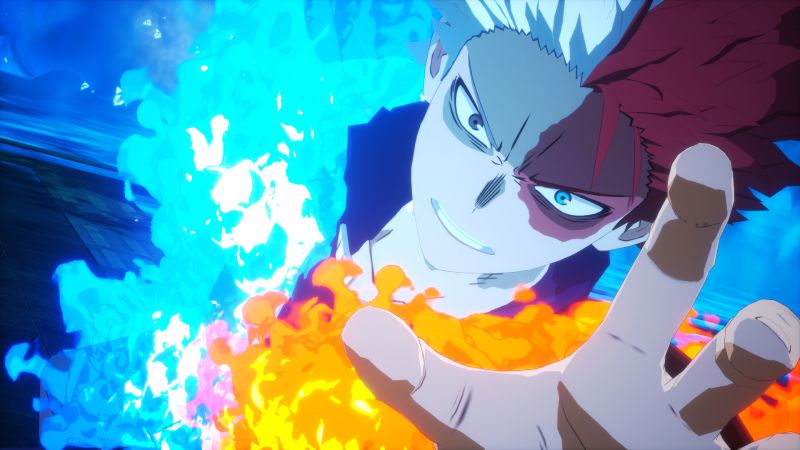 Ilustración de un personaje que combina poderes de fuego y hielo en una escena de acción.