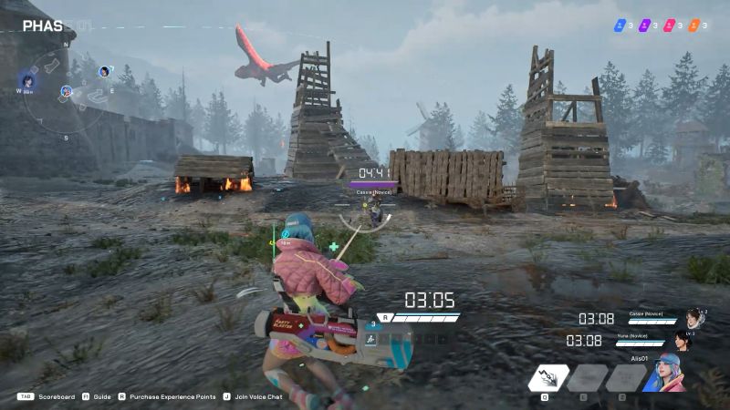 Captura de pantalla de un videojuego de acción en tercera persona con personajes equipados y un entorno exterior de combate.
