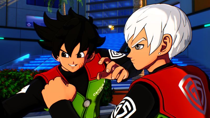 Dos personajes de estilo animado se enfrentan en un entorno urbano futurista iluminado con tonos azules.
