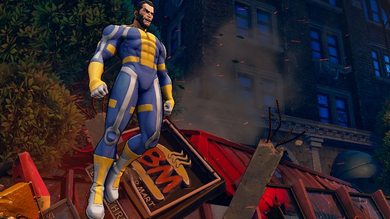 Personaje de apariencia heroica posando sobre escombros en un entorno urbano destruido, iluminado por tonos cálidos y humo ascendente.
