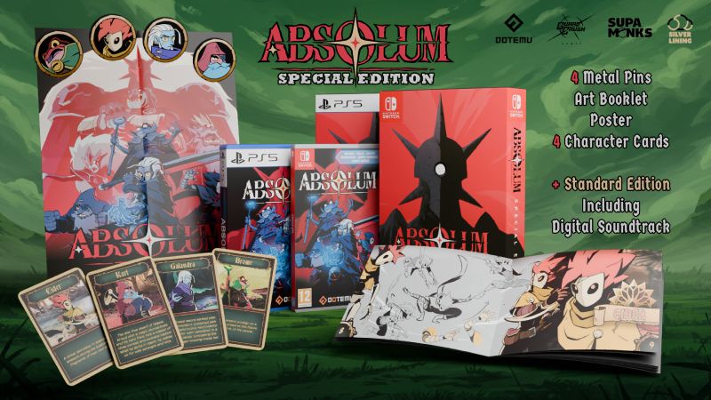 Material promocional que muestra una edición especial de videojuego con pines metálicos, tarjetas de personaje, póster, booklet y cajas físicas para distintas plataformas.