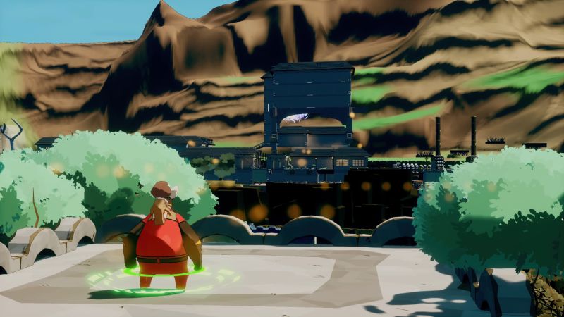 Ilustración de un personaje sobre una plataforma de piedra frente a una ciudad de estética industrial y un paisaje montañoso.