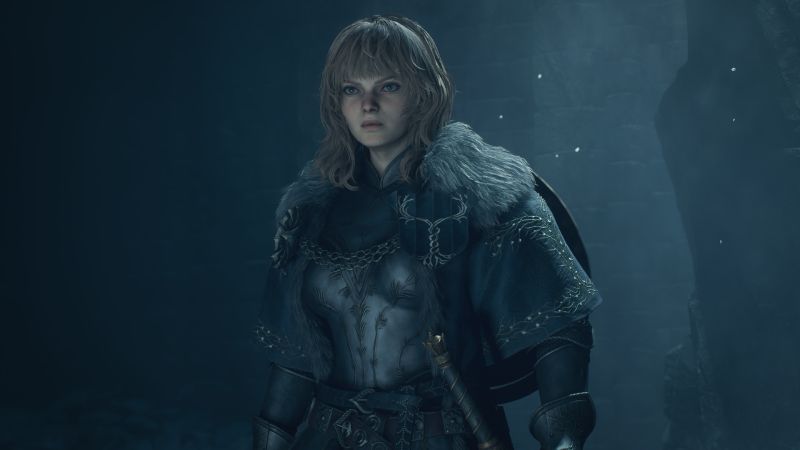 Ilustración de un personaje con armadura medieval en un entorno oscuro con muros de piedra y atmósfera densa.
