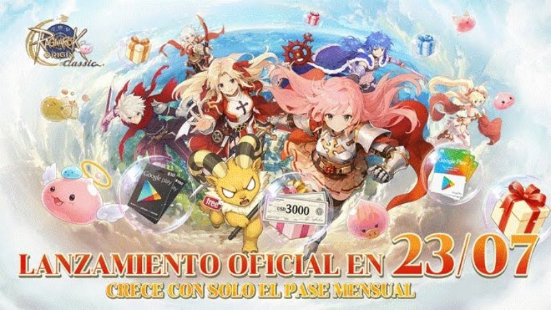 Material promocional con personajes de estilo anime en un entorno colorido, acompañado de elementos visuales alusivos a recompensas y lanzamiento del juego.