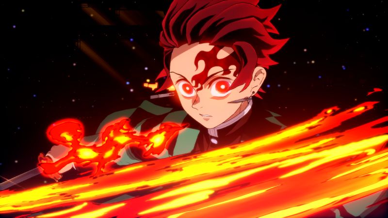 Ilustración de un personaje en pose de combate rodeado de energía ardiente.