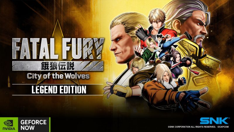 Arte promocional con personajes de FATAL FURY en poses dinámicas sobre fondo dorado.