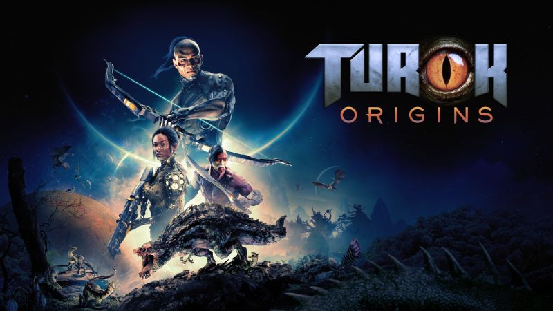 Promocional oficial de “Turok: Origins” Arte promocional con personajes armados y criaturas prehistóricas en un entorno de ciencia ficción.