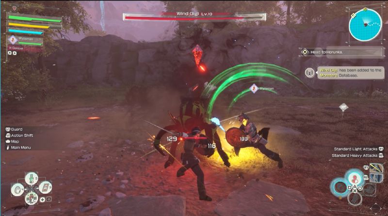 Combate contra Wind Gigi Dos personajes enfrentando a una criatura de nivel 10 en un entorno rocoso.