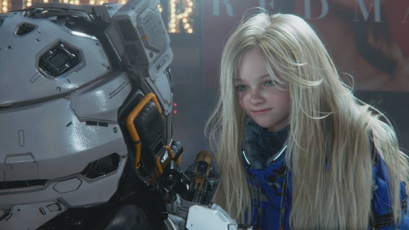 Imagen de una niña rubia observando de cerca a un robot humanoide de diseño tecnológico, en un entorno iluminado con luces difusas. Niña interactuando con un robot futurista