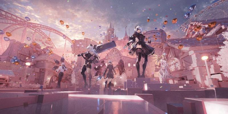Batalla futurista en un mundo fantástico Escena con varios personajes de estética futurista y elementos mecánicos en poses dinámicas, suspendidos sobre una ciudad fantástica iluminada por tonos rosados y violetas, con estructuras arquitectónicas detalladas y cristales flotando en el cielo.