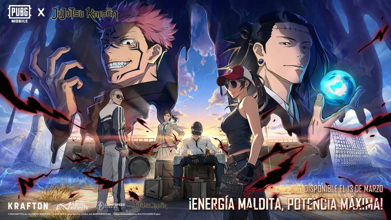 Ilustración promocional que muestra personajes de Jujutsu Kaisen junto a avatares de PUBG MOBILE en un entorno de batalla, con efectos de energía y un cielo teñido por tonos cálidos.