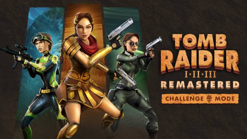 Composición con tres versiones estilizadas de Lara Croft en distintas poses y atuendos, cada una asociada a escenarios temáticos que evocan las primeras entregas de la saga.