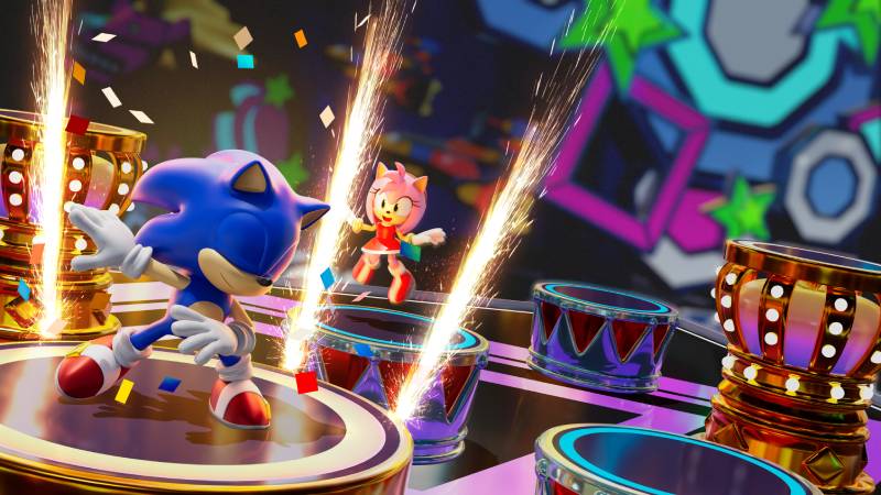 Evento de los Pitufos en Sonic Rumble Party Ilustración con personajes de Sonic en un escenario festivo lleno de luces y plataformas, con elementos visuales que evocan una celebración dentro del juego.