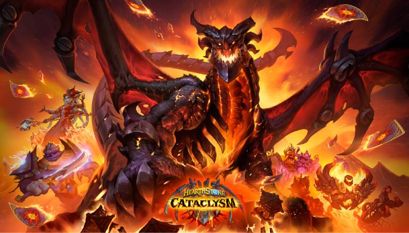 Ilustración con un dragón imponente rodeado de fuego y personajes en combate, representando el caos y la magnitud del evento Cataclismo dentro del universo de Hearthstone.