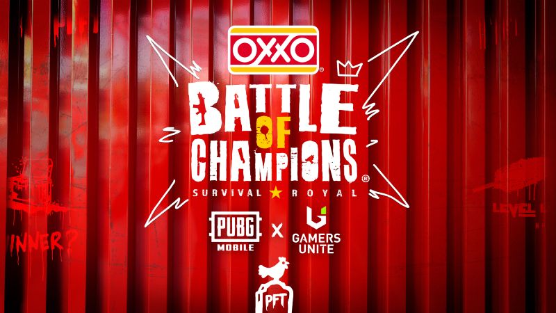 OXXO Battle of Champions 2026 — Survival Royale Póster con fondo metálico rojo que muestra el logotipo de OXXO Battle of Champions junto a las marcas PUBG MOBILE, Gamers Unite y PFT.