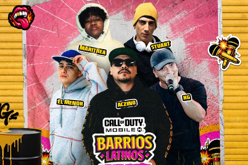 Cinco artistas urbanos posan frente a un fondo colorido con estética callejera, acompañados del logo de Call of Duty: Mobile y la identidad visual de Barrios Latinos.