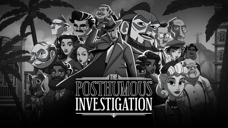 Ilustración en blanco y negro con estética noir, mostrando a un detective rodeado de personajes clave en un ambiente urbano con palmeras y arquitectura clásica.