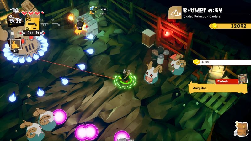Personaje enfrentando criaturas en una cantera con HUD completo.