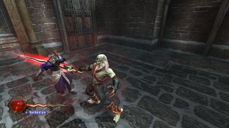 Dos personajes enfrentándose con armas en un entorno de piedra.