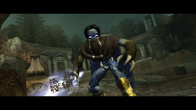 Figura azulada con arma energética en ruinas bajo cielo oscuro.