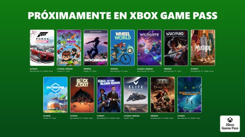 Promoción con portadas de videojuegos próximos a llegar a Xbox Game Pass, sobre un fondo verde con el texto “Próximamente en Xbox Game Pass”.