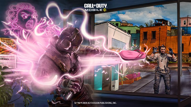 “La Voladora” en Call of Duty: Mobile Ilustración promocional con un soldado recibiendo un impacto energético de una chancla voladora en un entorno urbano colorido.