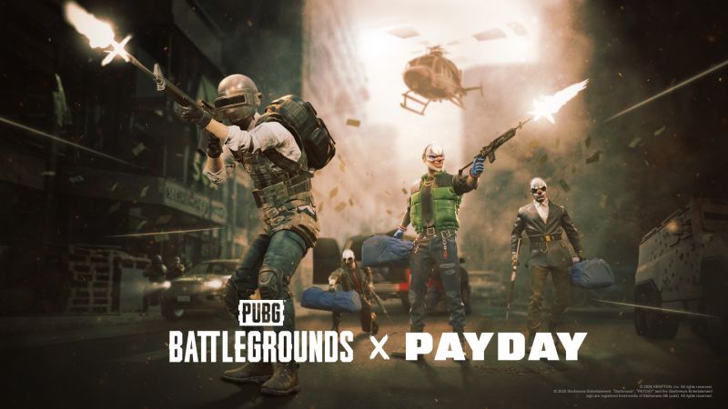 Promoción del modo “PAYDAY” en PUBG Arte promocional con personajes armados en un entorno urbano, representando la colaboración entre PUBG y PAYDAY.