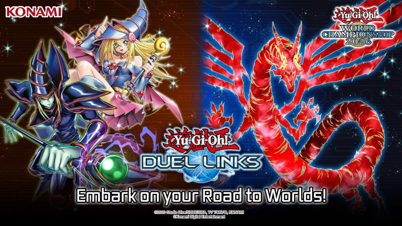 Ilustración promocional con personajes icónicos de Yu-Gi-Oh! y un dragón en un fondo dividido por tonos rojos y azules.